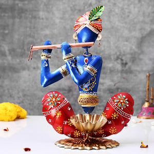 Metal Krishna Showpiece - Hand painted Flute Krishna