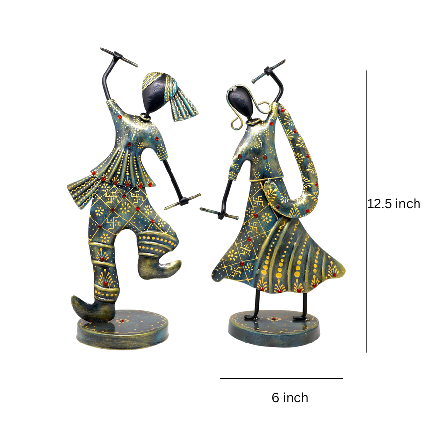 KRAPHY Rustic Blue Dandiya Dancing Couple Showpiece Set of 2 | 12.5 Inch