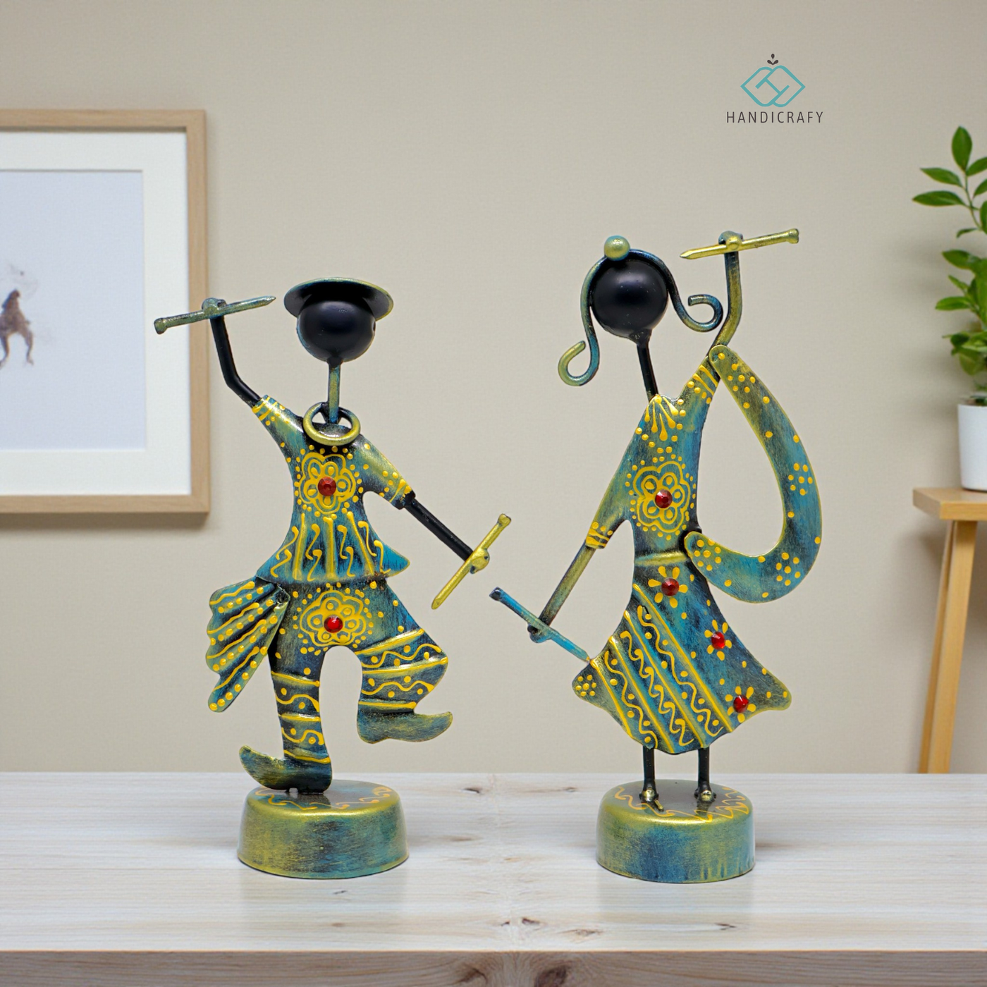 KRAPHY Metal Dandiya Dancing Couple Showpiece Set of 2