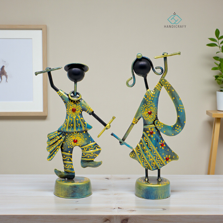KRAPHY Metal Dandiya Dancing Couple Showpiece Set of 2 6 Inch