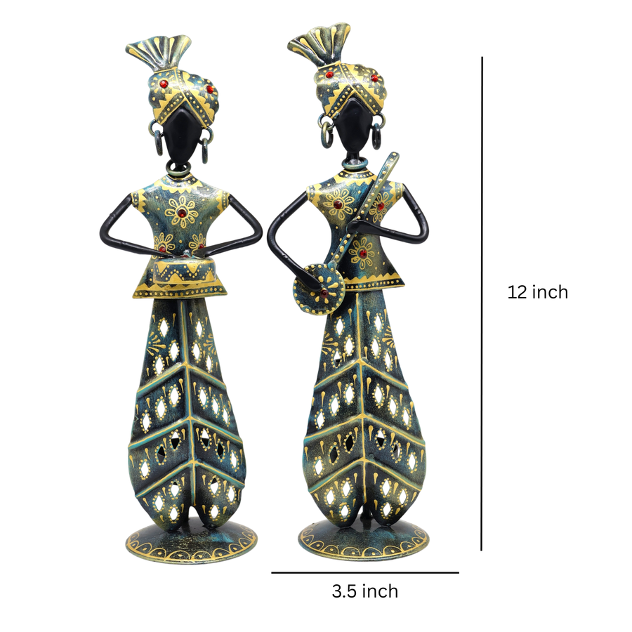 KRAPHY Rustic Blue Metal Rajasthani Musician Couple Showpiece | 12 Inch