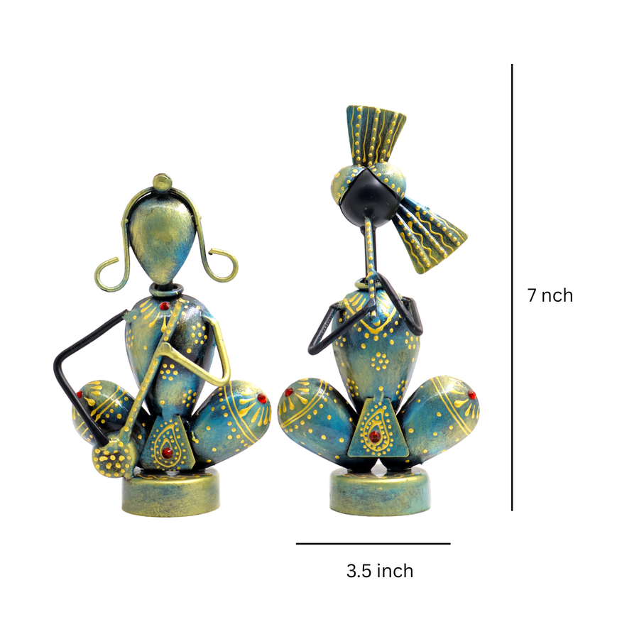 KRAPHY Rustic Blue Sitting Musician Couple Showpiece Set of 2 7 inch