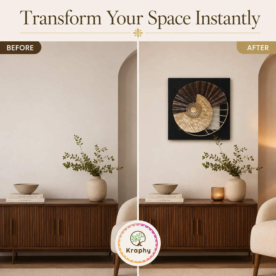 Iron and MDF Wood Framed Leaf Wall Art In Gold & Black