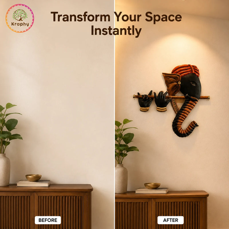 Kraphy Wrought Iron Ganesha Playing Flute Basuri Wall Art detail 3
