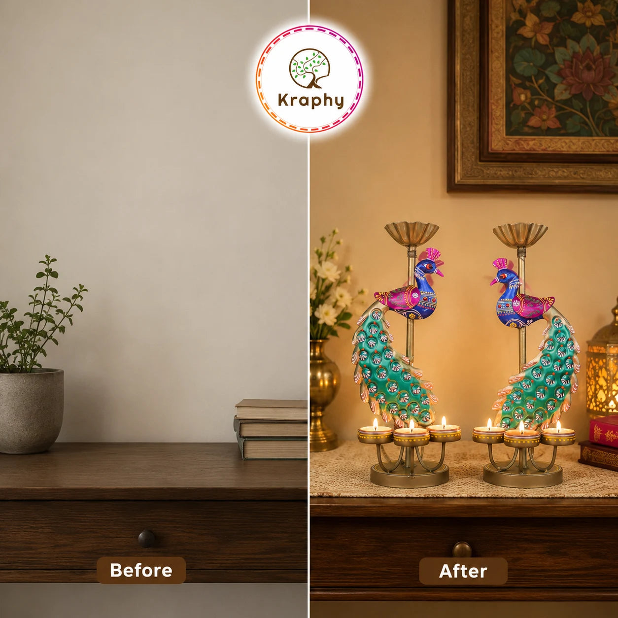 (Pair) Kraphy Metal peacock T light candle holder showpiece
