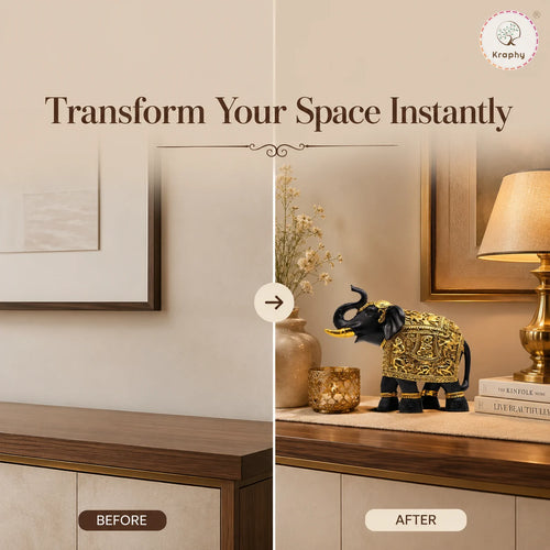 Kraphy Black & Gold Elephant Showpiece with Raised Trunk | Resin Figurine – 9 Inch media 5