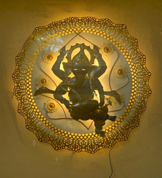 Big Metal Ganpati God Wall Art With Led Light