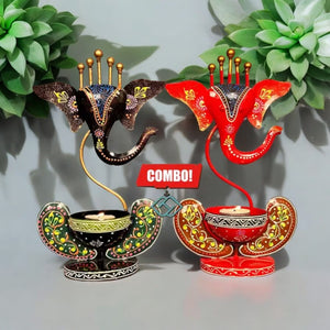 Ganesha T light Combo Set of two Red And Brown Table Décor