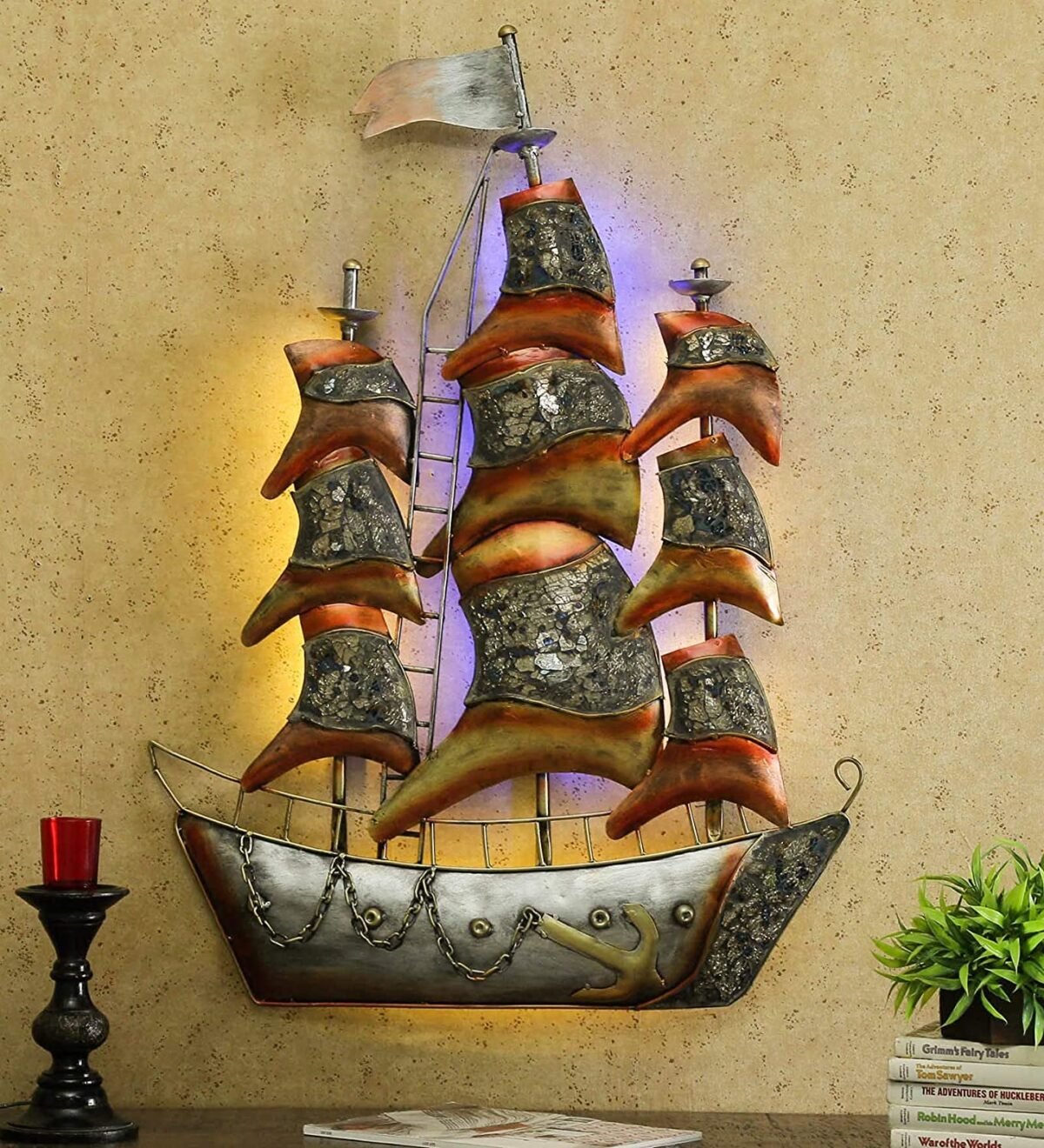 Decorative Mosaic Ship Metal Wall Art With LED Lights