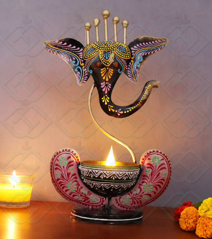 KRAPHY Metal Ganesha T-Light Candle Holder (11 Inch)