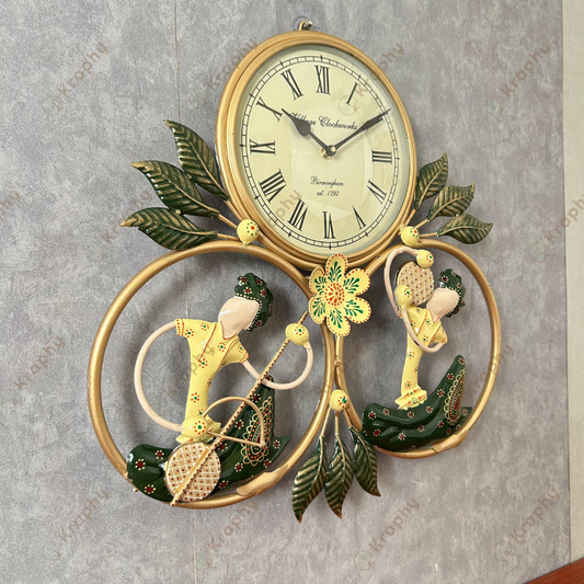 Green Metal Wrought Iron Musician Wall Hanging With Clock