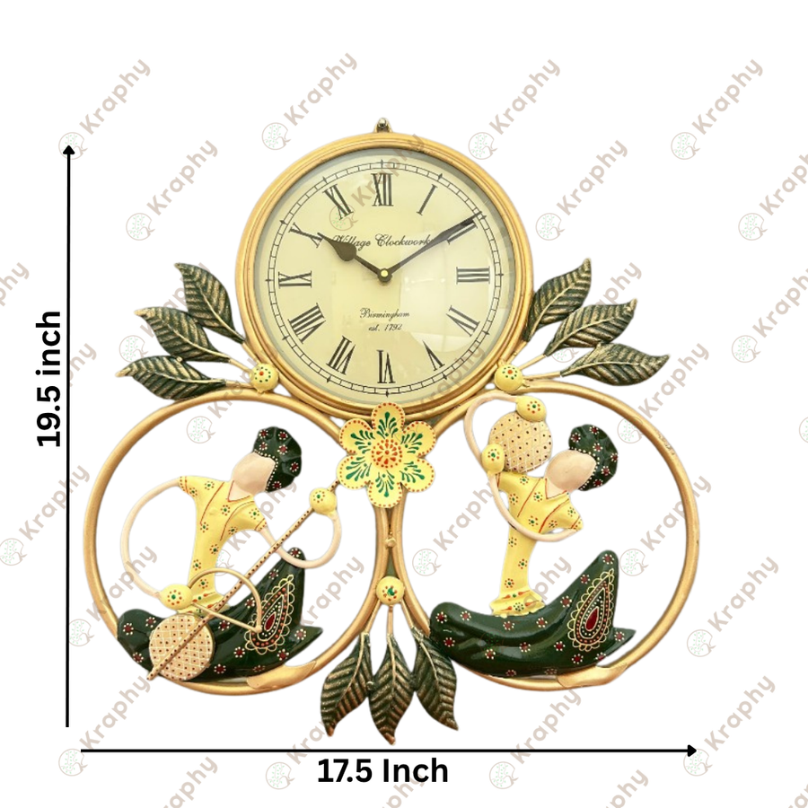 Green Metal Wrought Iron Musician Wall Hanging With Clock