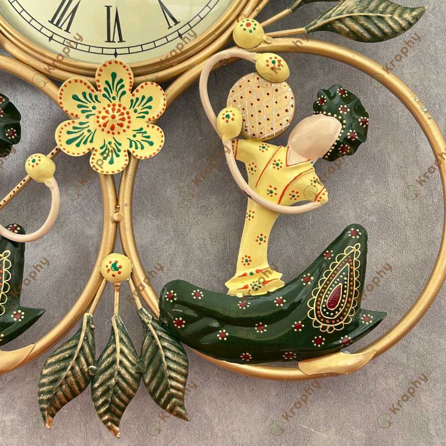 Green Metal Wrought Iron Musician Wall Hanging With Clock