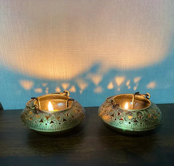 Metal Iron Small Handi T-Lite Holder Showpieces Set Of Two Candle Holders image