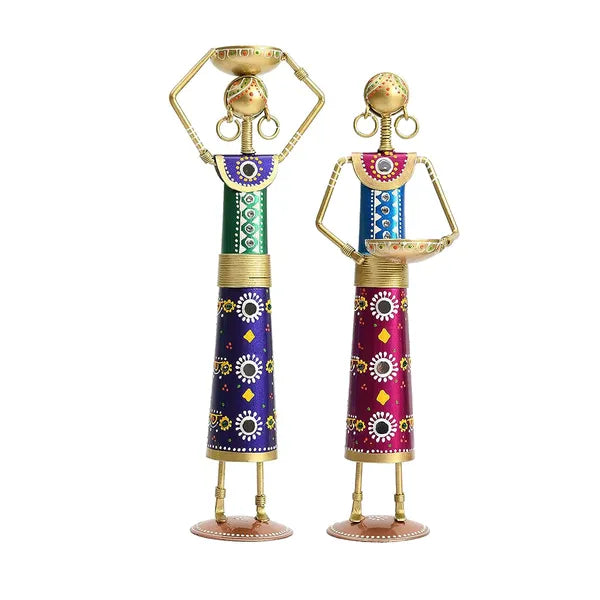 (Pack of 2 ) Metal Wrought Iron Tribal Lady showpieces
