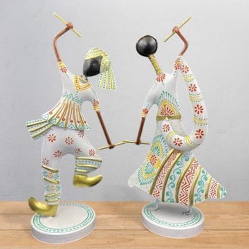 Metal Dandiya Dancing Couple Showpiece Set of Two White Finish (12.5 Inch)