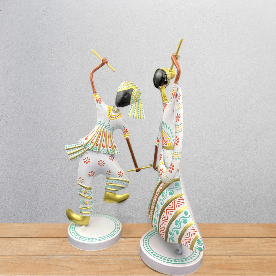 Metal Dandiya Dancing Couple Showpiece Set of Two White Finish (12.5 Inch)