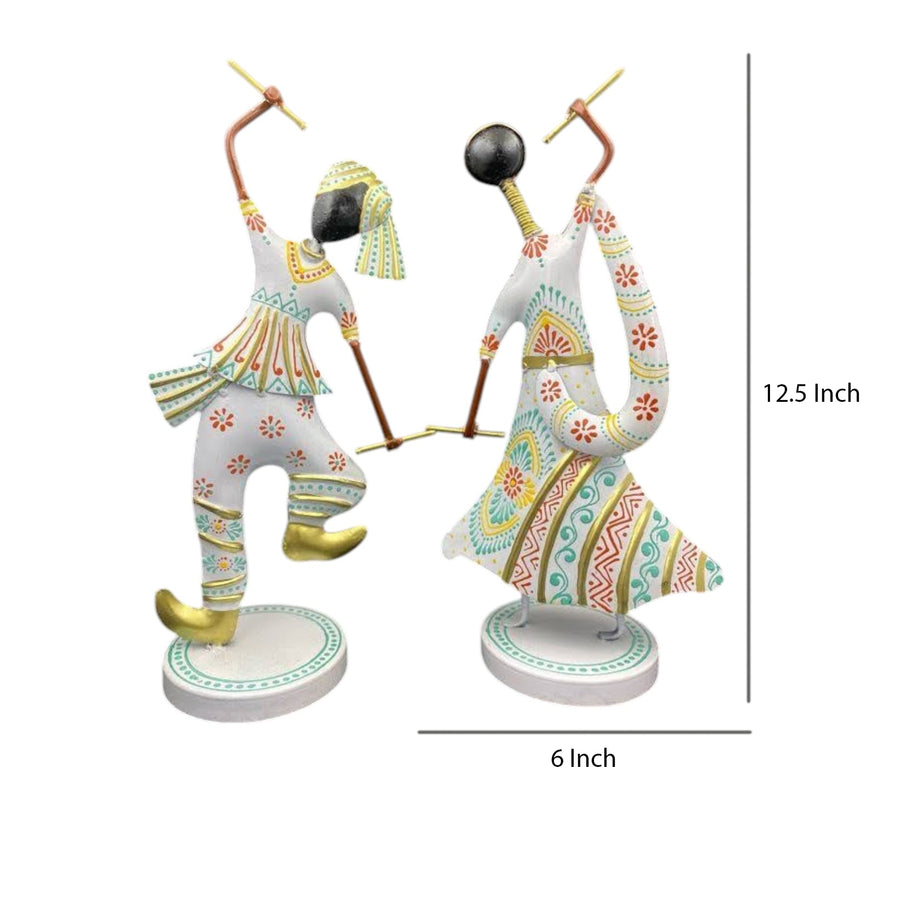 Metal Dandiya Dancing Couple Showpiece Set of Two White Finish (12.5 Inch)