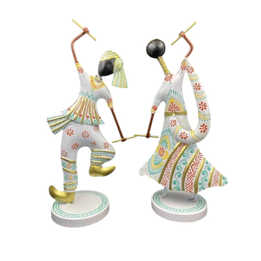 Metal Dandiya Dancing Couple Showpiece Set of Two White Finish (12.5 Inch)