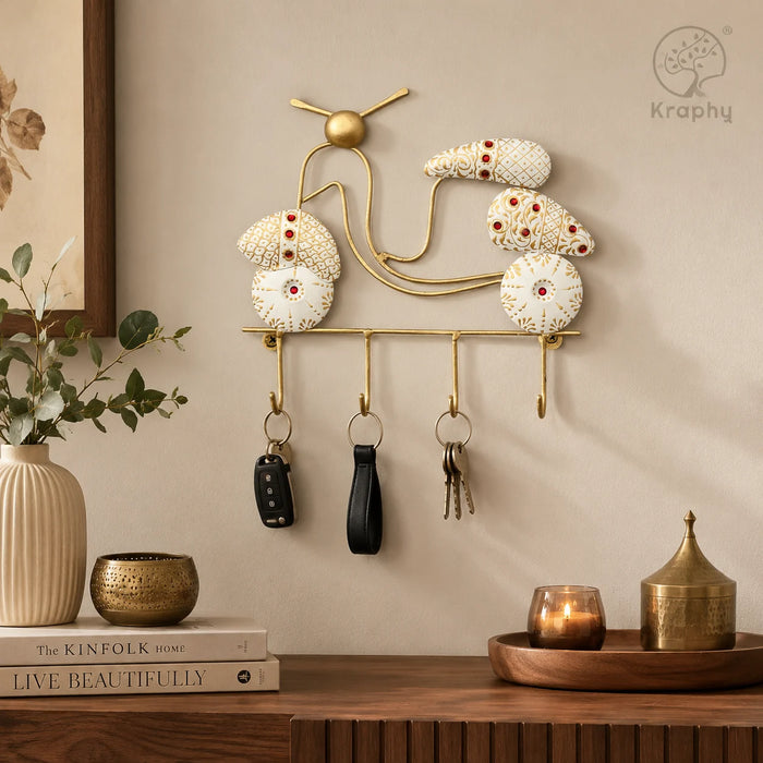 Handcrafted Scooter Shape Metal Key Holder | 4-Hook Wall Hanging Key Stand