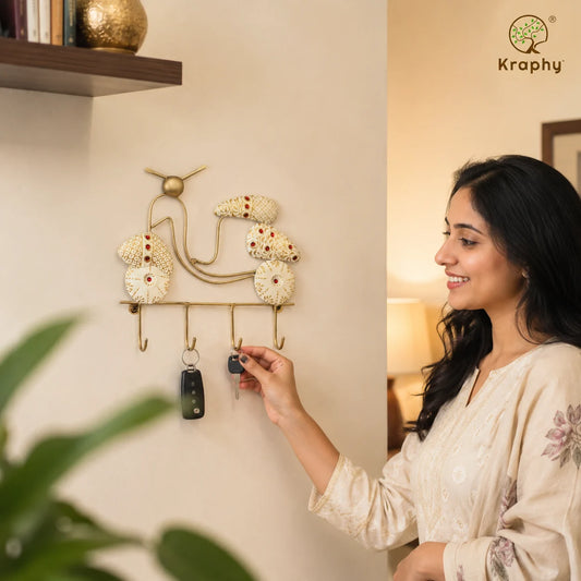 Handcrafted Scooter Shape Metal Key Holder | 4-Hook Wall Hanging Key Stand