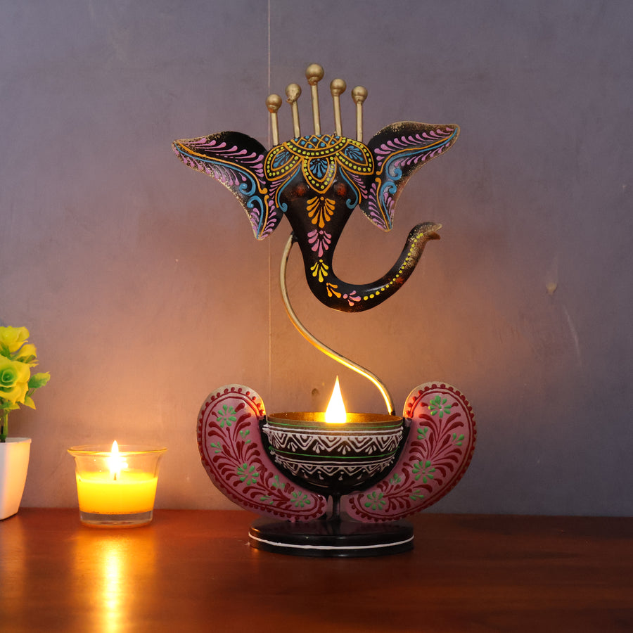 KRAPHY Metal Ganesha T-Light Candle Holder (11 Inch)