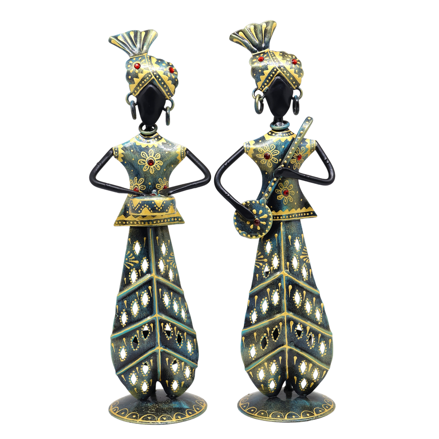 KRAPHY Rustic Blue Metal Rajasthani Musician Couple Showpiece | 12 Inch