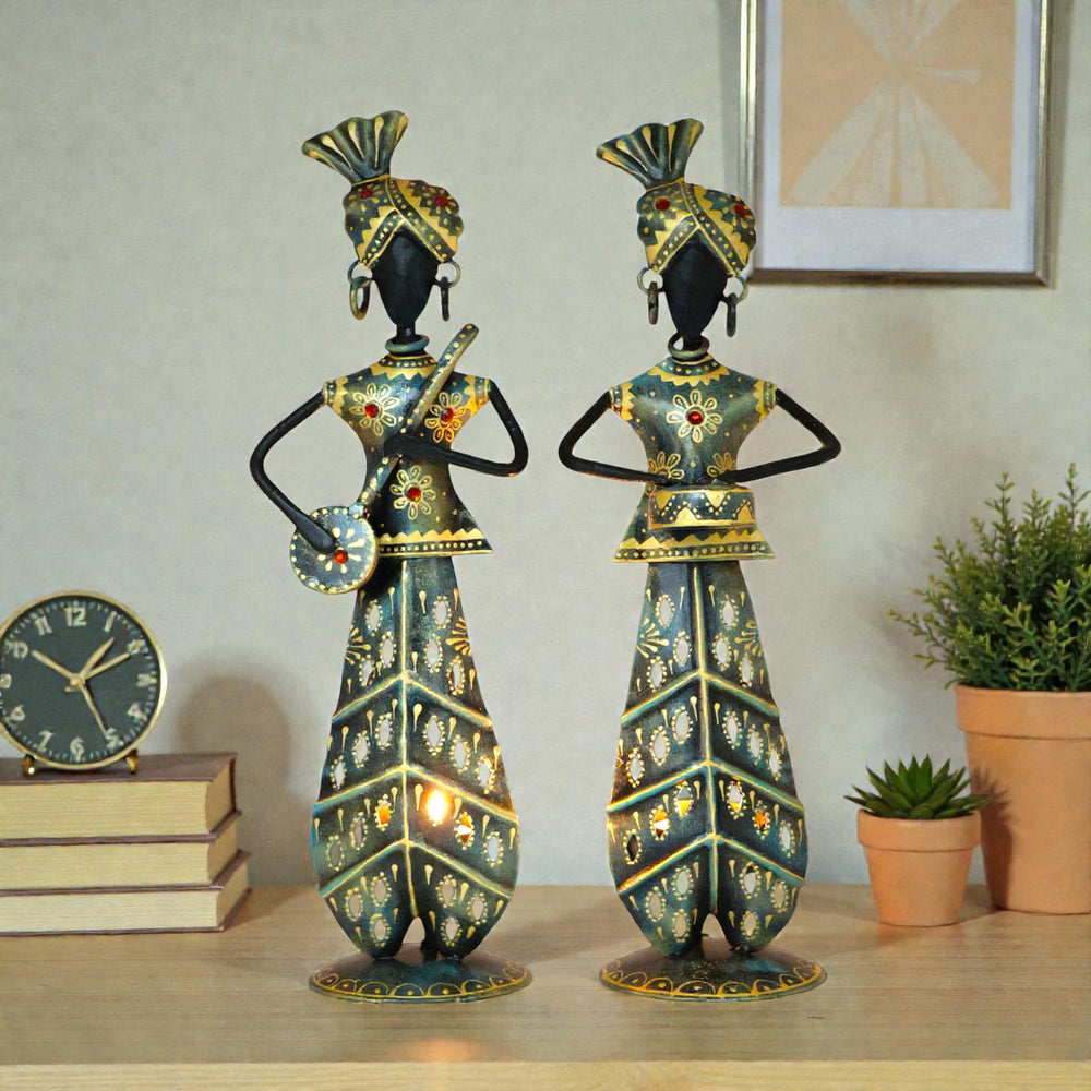 KRAPHY Rustic Blue Metal Rajasthani Musician Couple Showpiece | 12 Inch