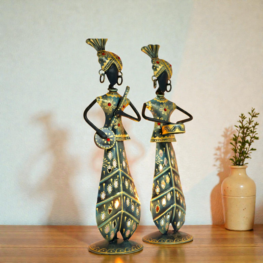 KRAPHY Rustic Blue Metal Rajasthani Musician Couple Showpiece | 12 Inch