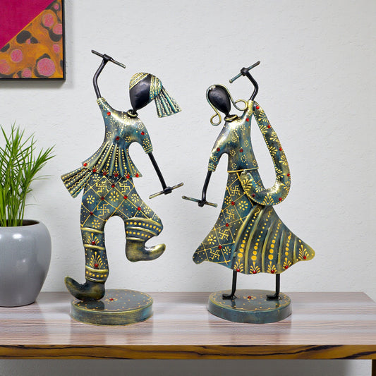 KRAPHY Rustic Blue Dandiya Dancing Couple Showpiece Set of 2 | 12.5 Inch