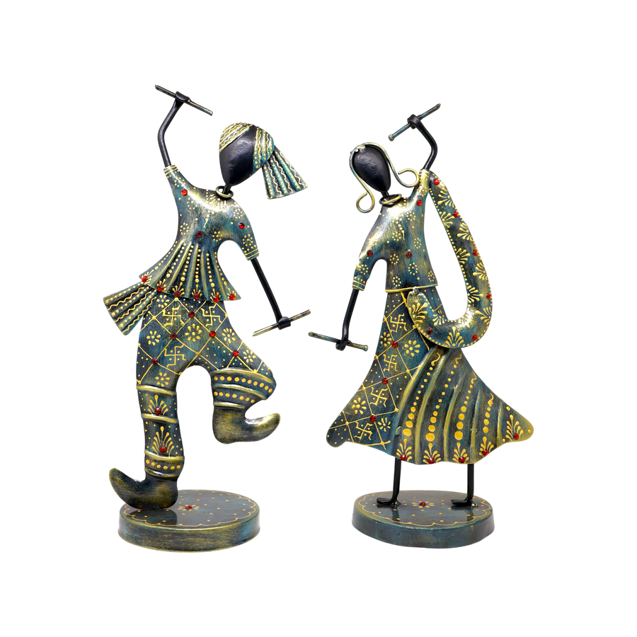 KRAPHY Rustic Blue Dandiya Dancing Couple Showpiece Set of 2 | 12.5 Inch