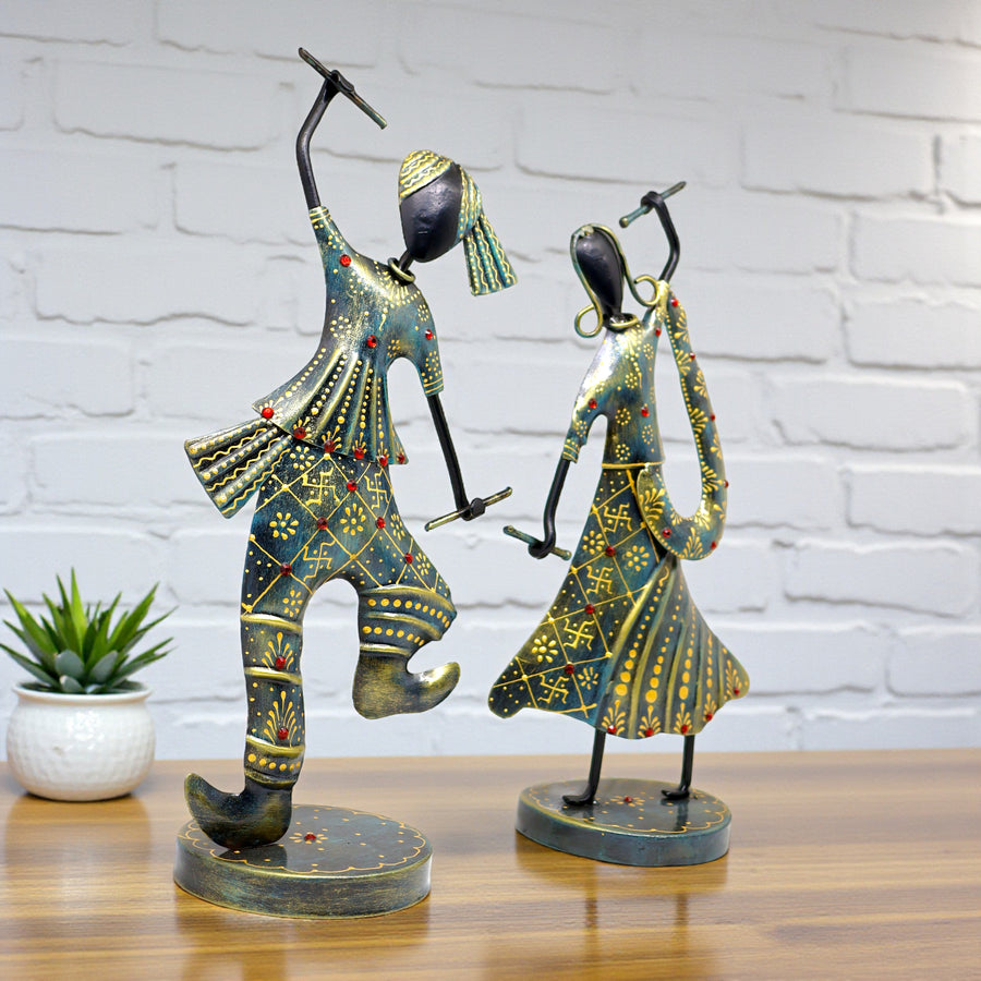KRAPHY Rustic Blue Dandiya Dancing Couple Showpiece Set of 2 | 12.5 Inch