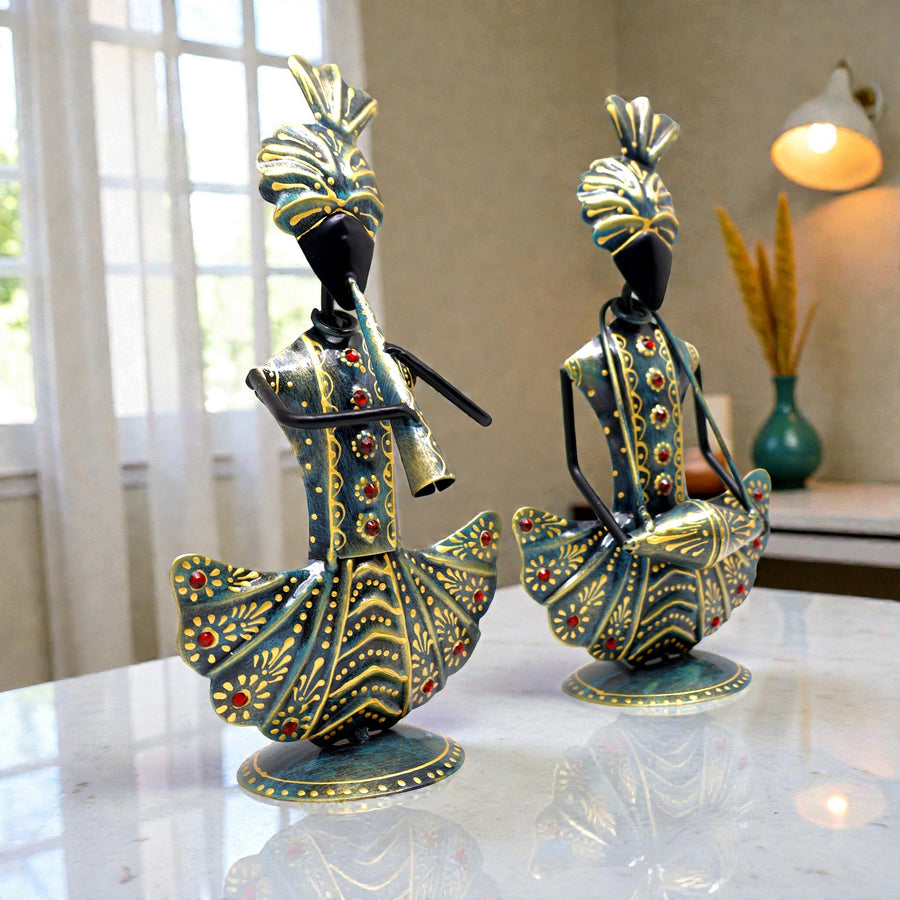 KRAPHY Rustic Blue Tribal Musician Showpiece Set | 9Inch