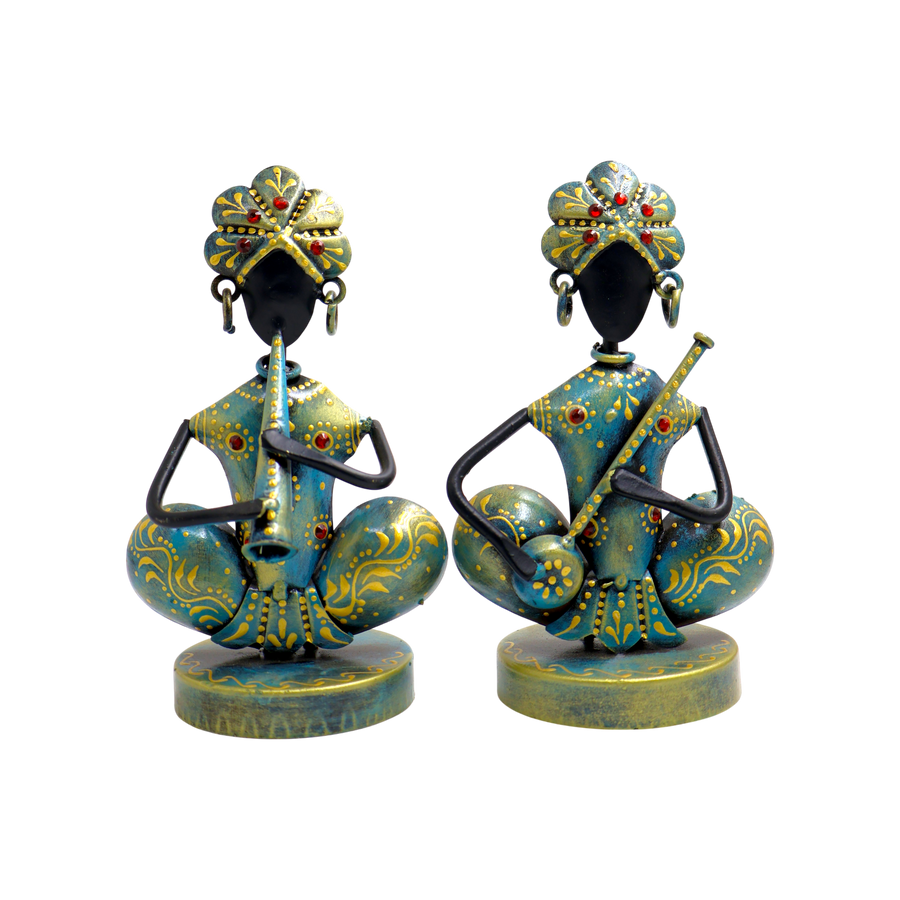 KRAPHY Rustic Blue Sitting Musician Couple Showpiece S/2 | 7Inch
