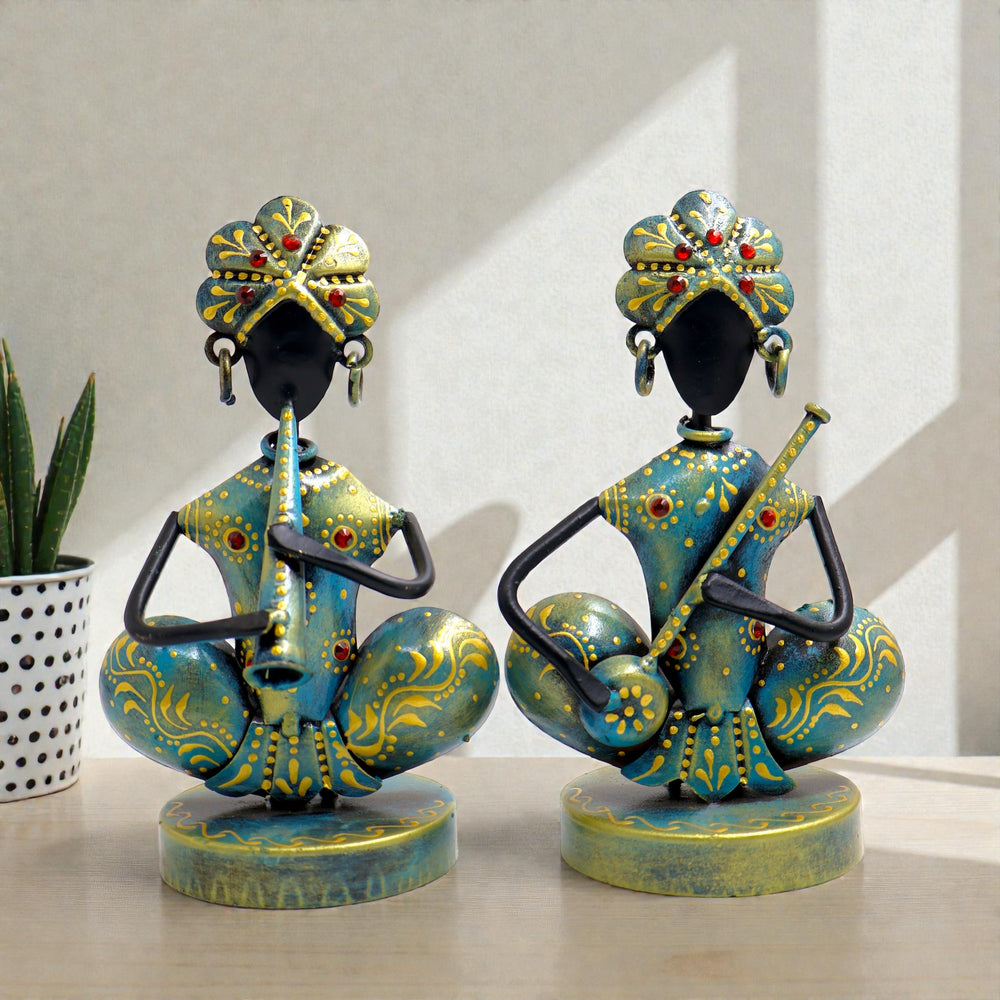 KRAPHY Rustic Blue Sitting Musician Couple Showpiece S/2 | 7Inch