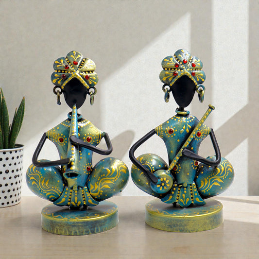 KRAPHY Rustic Blue Sitting Musician Couple Showpiece S/2 | 7Inch