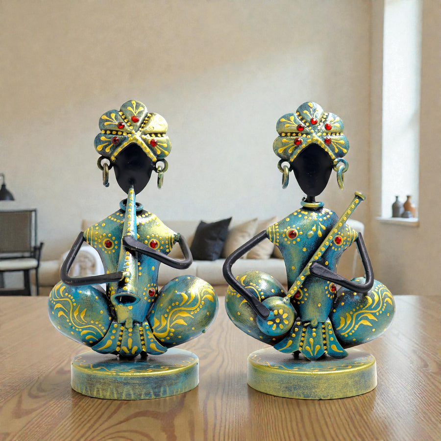 KRAPHY Rustic Blue Sitting Musician Couple Showpiece S/2 | 7Inch