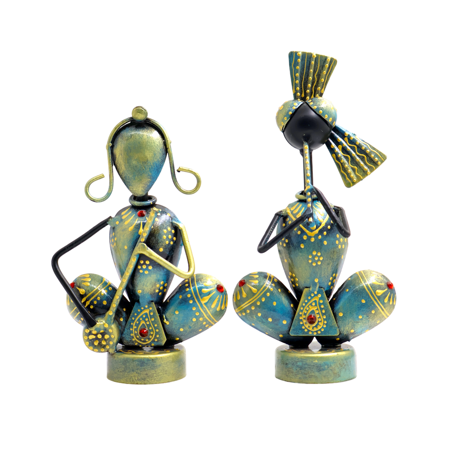 KRAPHY Rustic Blue Sitting Musician Couple Showpiece Set of 2 7 inch