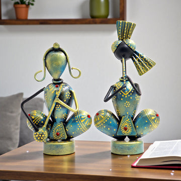KRAPHY Rustic Blue Sitting Musician Couple Showpiece Set of 2 7 inch
