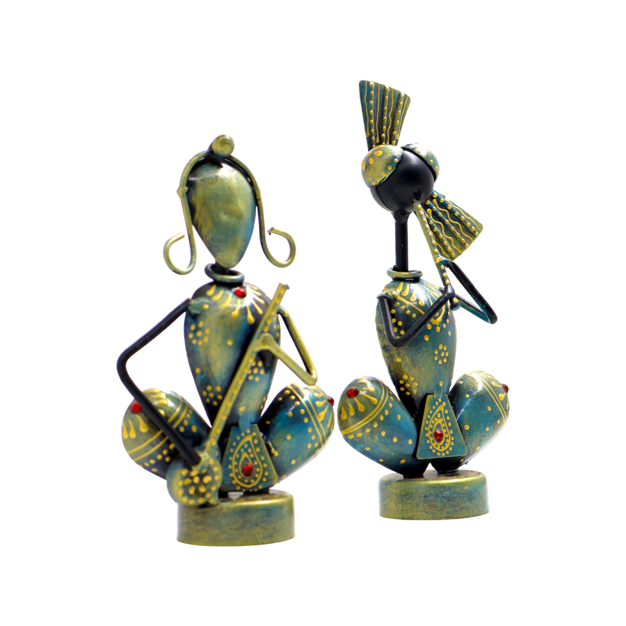 KRAPHY Rustic Blue Sitting Musician Couple Showpiece Set of 2 7 inch