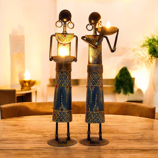 Metal Tribal Lady Tea Light Candle Holder Set of Two ( 10 Inch)