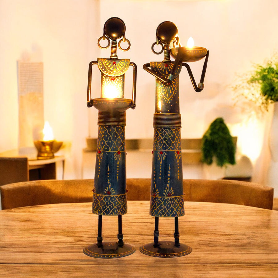 Metal Tribal Lady Tea Light Candle Holder Set of Two ( 10 Inch)