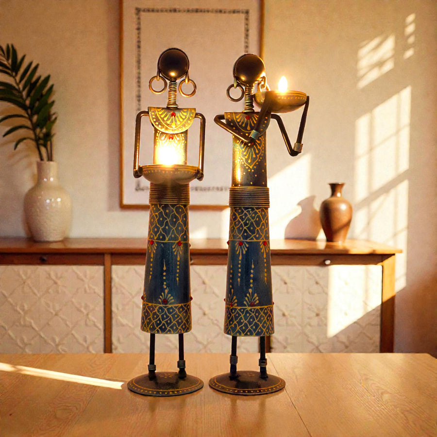 Metal Tribal Lady Tea Light Candle Holder Set of Two ( 10 Inch)