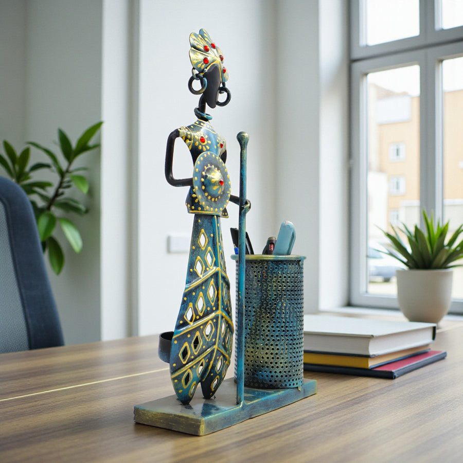 Handmade Tribal Musician Metal Pen Stand with Holder | 11 Inch