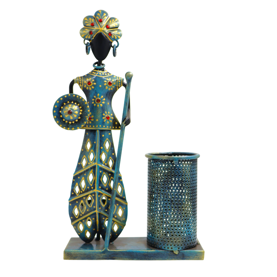 Handmade Tribal Musician Metal Pen Stand with Holder | 11 Inch