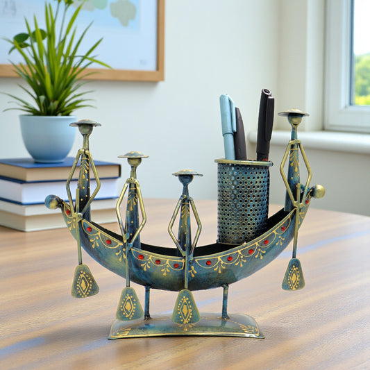 Metal Boat Pen Holder Showpiece Rustic Blue 10 Inch