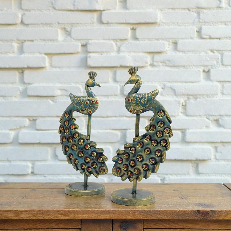 Metal Peacock Showpiece Set of 2 | Decorative Peacock (10 x 5 Inch)