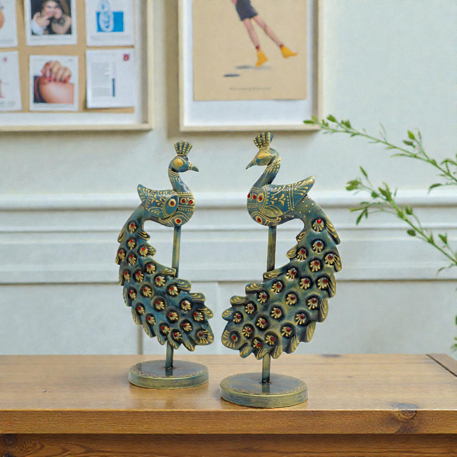 Metal Peacock Showpiece Set of 2 | Decorative Peacock (10 x 5 Inch)