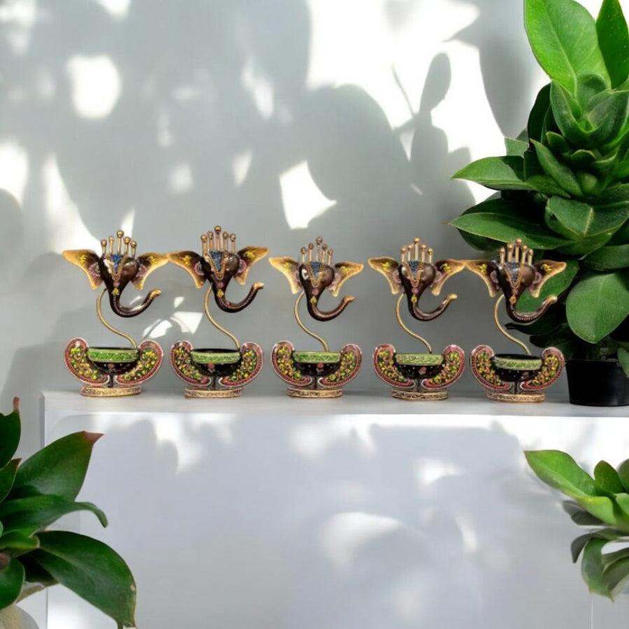 Kraphy Iron Ganesh T-Light Candle Holder Figurine Set Of five