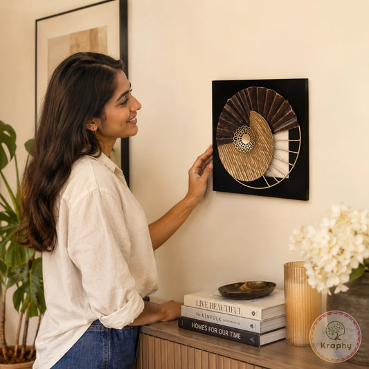 Iron and MDF Wood Framed Leaf Wall Art In Gold & Black